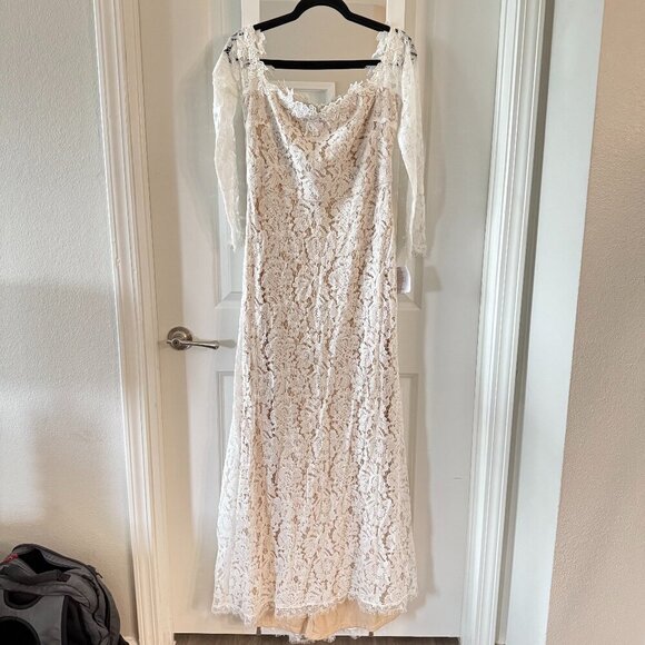 LULU’S Lace Sheath Off-White Floor length Off The Shoulder Wedding Dress, NWT! - Picture 1 of 6